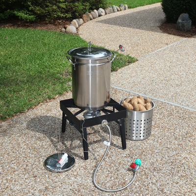 BAYOU CLASSIC® Stainless Steel 32 qt Turkey Fryer - This is the traditional Bayou Classic Outdoor Cooking Kit, but with the refinement of polished stainless steel. Fry a whole turkey in as little as 45 minutes, or using the included Skewer Set, fry 3 chickens in 20 minutes. The perforated basket is raised 1.75 in. above the bottom for steaming or boiling seafood, crawfish, clams, corn and vegetables.